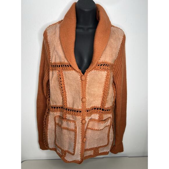 Vintage 70’s Orange Brown Leather and Knit Jacket Button Down Size Medium - Picture 1 of 8